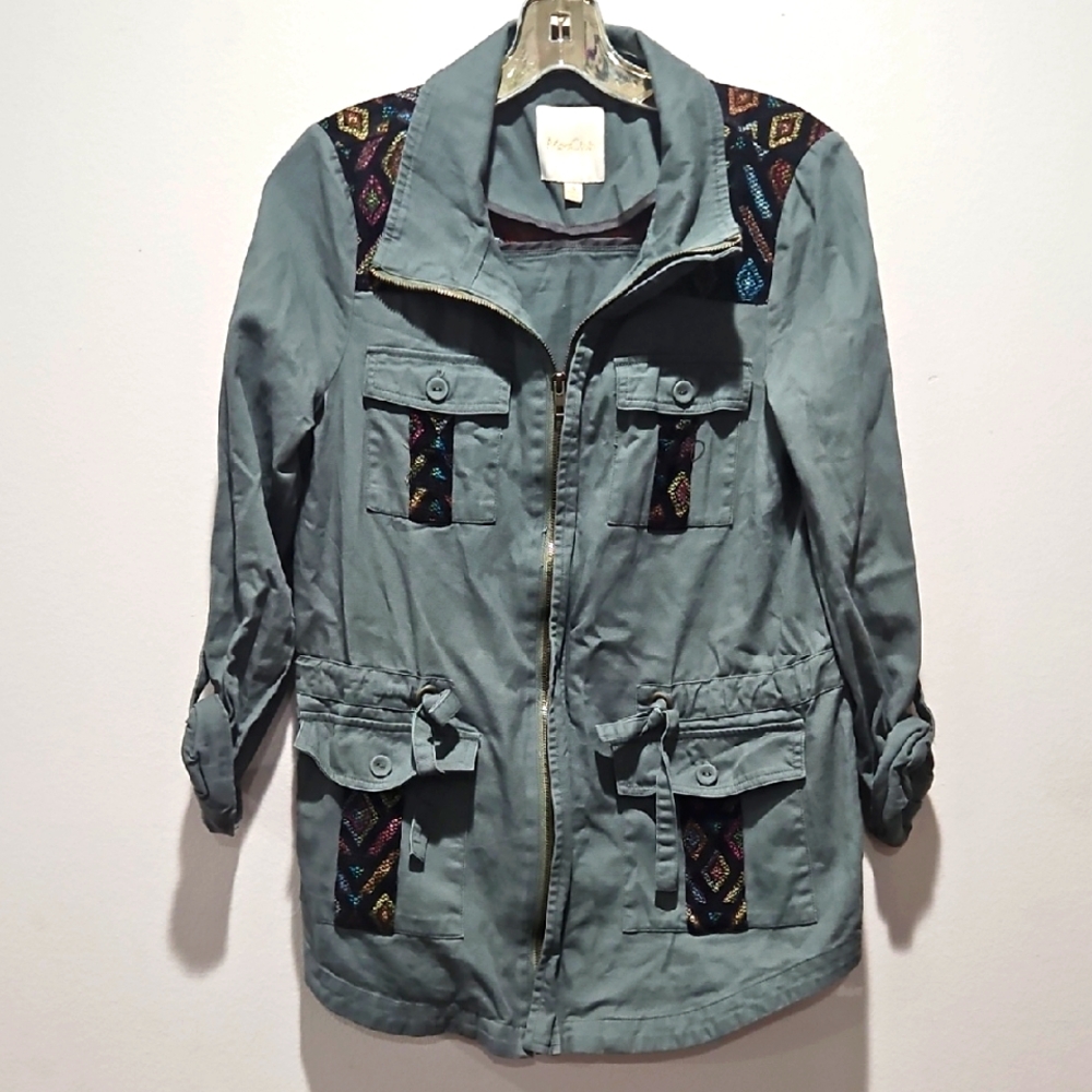 ModCloth Keep a Woven Mind Jacket Embroidered green/ gray size small